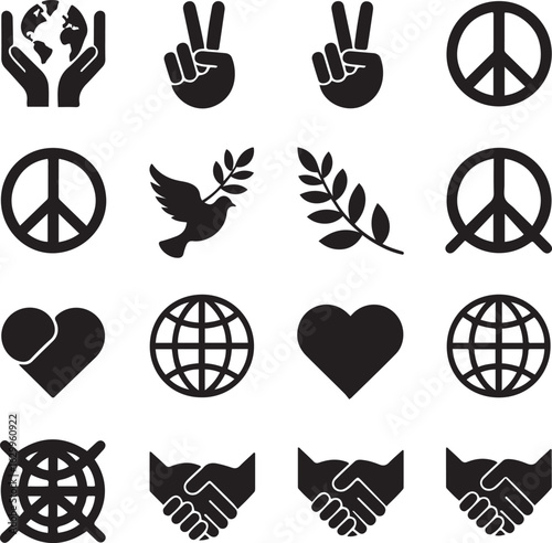 Peace and Unity Icons Set Global Love, Diversity, Harmony, and Hand Symbols

