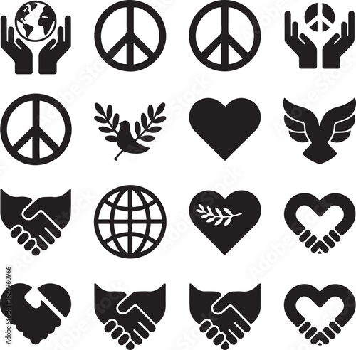 Peace and Unity Icons Set Global Love, Diversity, Harmony, and Hand Symbols
