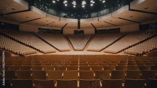 Empty auditorium, rows of tan seats, awaiting an event.
