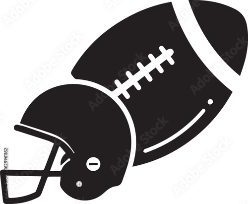 Black silhouette of a football helmet partially obscuring an American football on a white background