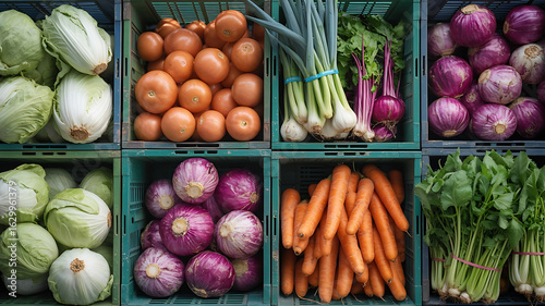 Fresh produce in wooden crates, various colors and types.
