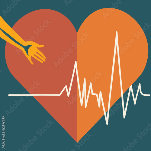 Abstract heartbeat silhouette with reaching hand and medical ekg line
