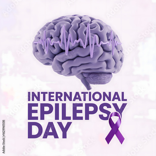International Epilepsy Day Poster with 3D Brain and Purple Ribbon Symbol