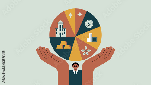 financial advisor's hands presenting a diversified investment portfolio wheel vector illustration