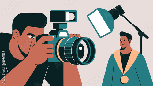 photographer taking a picture of a graduate in a studio vector illustration 