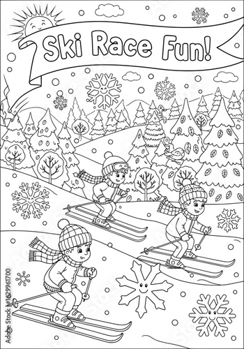 children compete in ski races. coloring book
