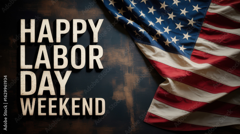 Fototapeta premium Happy labor day weekend text with american flag on a dark background