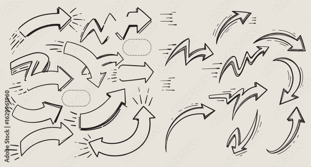 Fototapeta premium Collection of hand drawn sketchy arrows in various directions and styles on a textured light background representing movement and direction