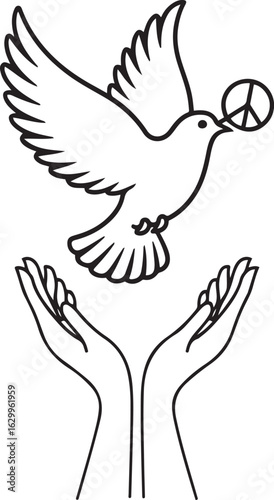 Dove with Peace Symbol and Open Hands Black and White Vector Design