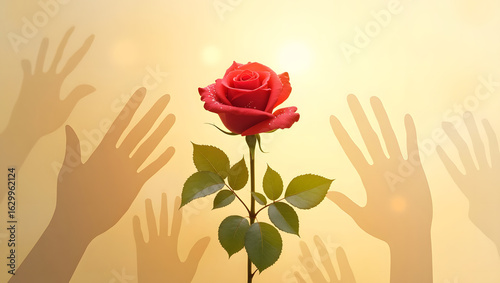 Symbol of Hope and Compassion Red Rose with Reaching Hands in Warm Light