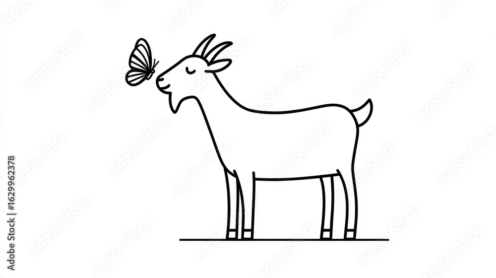 Fototapeta premium Simple line drawing of a goat and butterfly