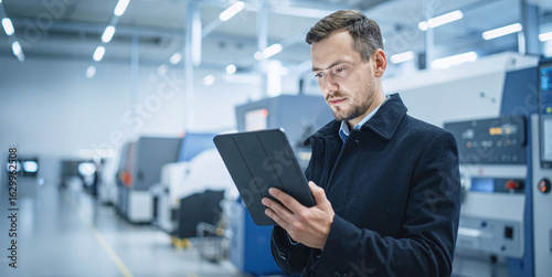 Industrial engineer using tablet in high-tech manufacturing facility, digital factory workflow