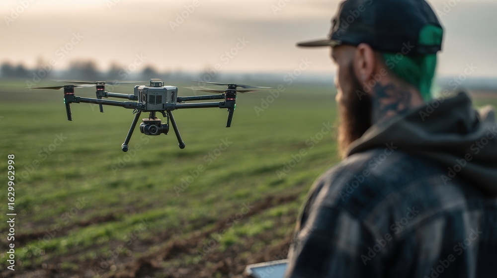 Fototapeta premium Alternative farmer with tattoos controls drone in field at sunset