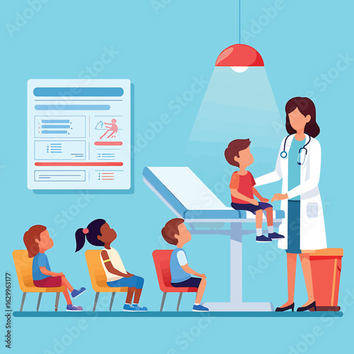 Pediatrician examining a child in a clinic with other kids waiting vector illustration