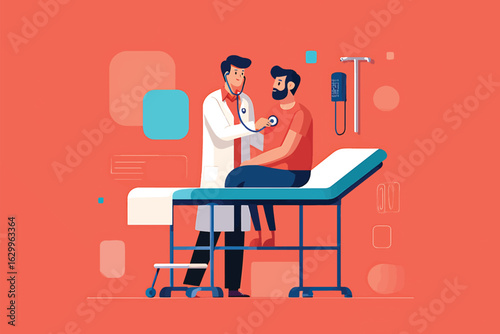 Doctor with a stethoscope examining a male patient in a hospital clinic vector illustration