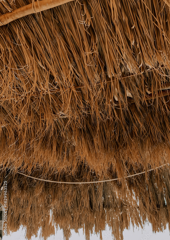 Fototapeta premium Close-up view of thatched straw roof from underneath, capturing texture and detail.