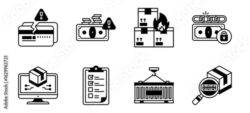 Black and white vector icons illustrating logistics, financial, and security risks: damaged credit cards, burning packages, broken chains, insecure money, online tracking, and checklist.