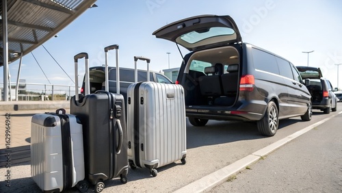 Suitcases and luggage in front of a minivan. ready for airport transfer