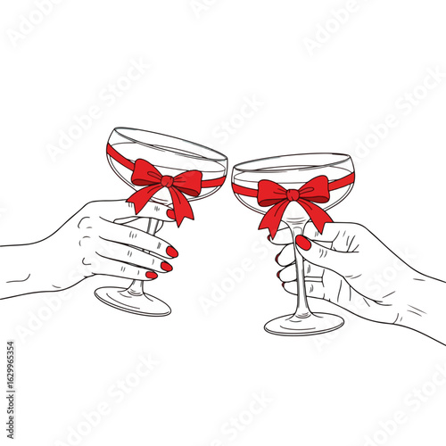 Romantic Hand-Drawn Toasting Glasses with Red Bows – Line Art Vector