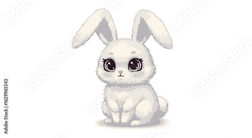 Cute cartoon white rabbit with large eyes, sitting in a still pose.