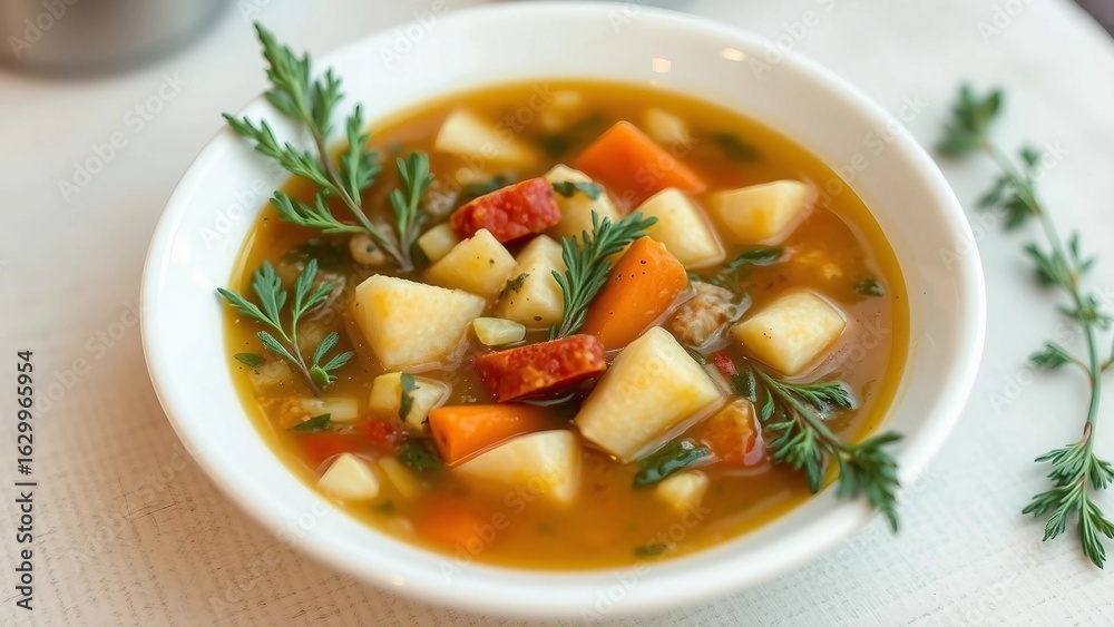 Herzhafte Gemüsesuppe mit Karotten, Kartoffeln, Wurzelgemüse und Kräutern – rustikal angerichtet in einer weißen Schüssel, perfekt für kalte Tage Herzhafte Gemüsesuppe mit Karotten, Kartoffeln, Wurzelgemüse und Kräutern – rustikal angerichtet in einer weißen Schüssel, perfekt für kalte Tage
