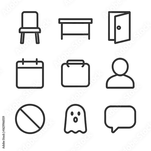 Absence Icon Set. Outline icon set of absence signs: empty chair, vacant desk, open door, blank calendar, empty calendar slot,