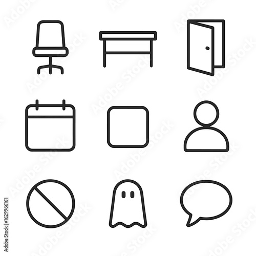Absence Icon Set. Outline icon set of absence signs: empty chair, vacant desk, open door, blank calendar, empty calendar slot,