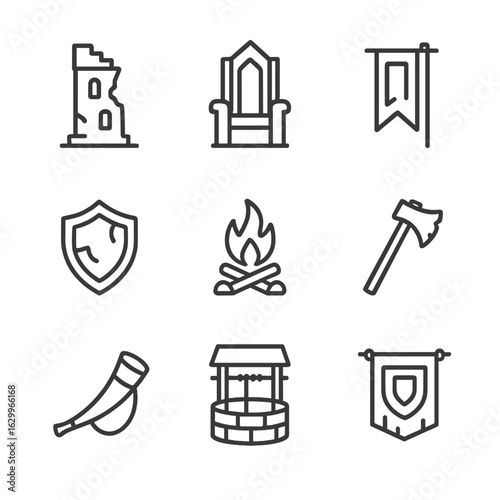 Abandoned Realms Icons. Outline icon set of abandoned realms: broken tower, empty throne, fallen banner, shattered shield,