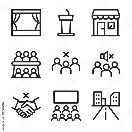 Absence Icon Set. Outline icon set of absence in social context: empty stage, vacant podium, closed shop, empty audience, missing