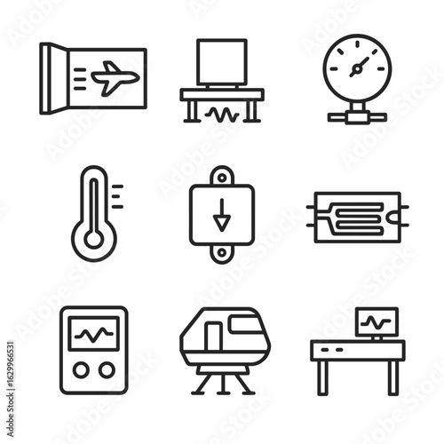 Aerospace Testing Icons. Outline icon set of aerospace testing equipment: wind tunnel, vibration test, pressure gauge, thermal