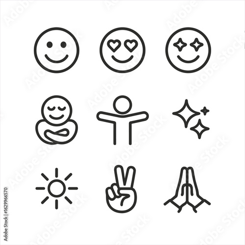 Affirmation Icon Set. Outline icon set of affirmation emotions: smiling face, heart eyes, starry eyes, hug, open arms, sparkles,