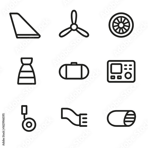 Aerospace Components Icons. Outline icon set of aerospace components: wing, propeller, jet engine, rocket nozzle, fuel tank,