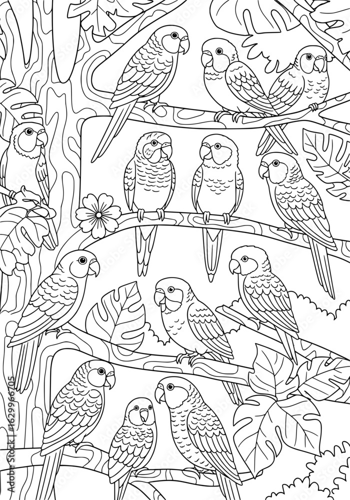 Fototapeta premium a flock of parrots on the branches of a tree. coloring book