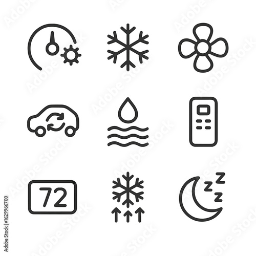 Air Conditioning Icons. Outline icon set of air conditioning controls and symbols: temperature dial, cooling mode, fan speed, air