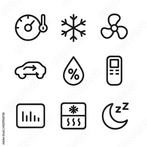 Air Conditioning Icons. Outline icon set of air conditioning controls and symbols: temperature dial, cooling mode, fan speed, air