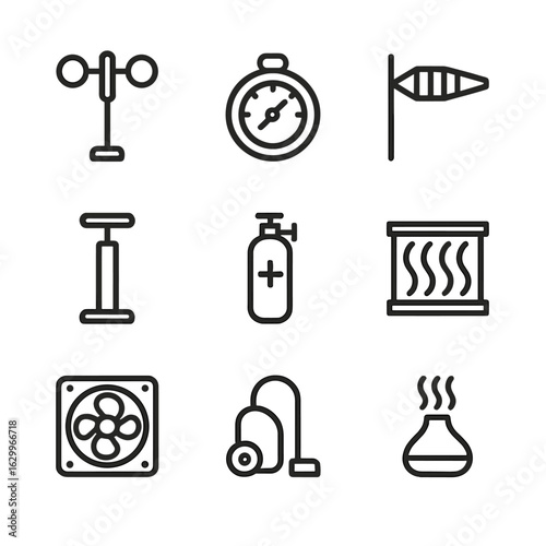 Air Instrument Icons. Outline icon set of air instruments: anemometer, barometer, wind vane, air pump, oxygen tank, air filter,