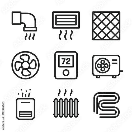 Air Conditioning Icons. Outline icon set of air conditioning and ventilation: duct, vent, air filter, exhaust fan, thermostat,