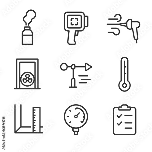 Air Leak Detection Icons. Outline icon set of air leak detection: smoke test, thermal camera, draft tester, blower door, wind