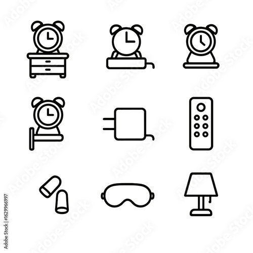 Alarm Clock Icon Set. Outline icon set of alarm clock accessories: bedside table, charging dock, clock stand, wall mount, power