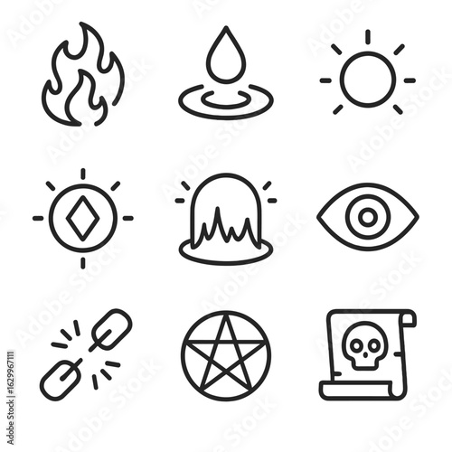Abyssal Magic Icons. Outline icon set of abyssal magic: shadow flame, water spell, dark energy orb, glowing rune, magical barrier,