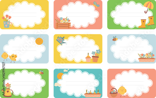 Colorful  school labels with cartoon flowers, suns, chicks, butterflies, bees on the transparent background.  Shaped classroom labels.