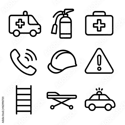 Accident Response Icons. Outline icon set of accident response: ambulance, fire extinguisher, first aid kit, emergency call,