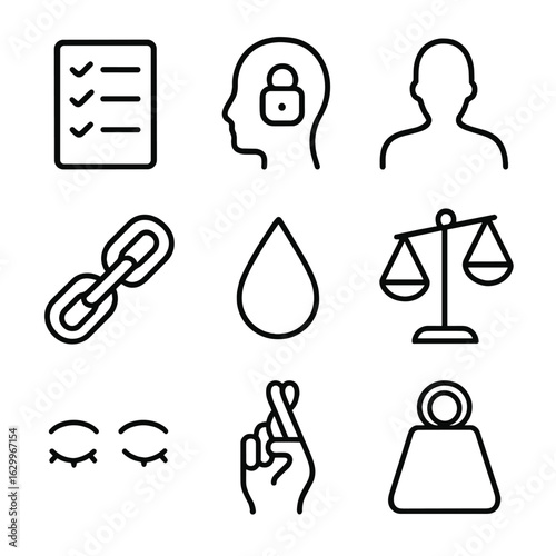 Accountability Icon Set. Outline icon set of accountability: checklist, locked mind, shadowed face, heavy chain, teardrop, broken