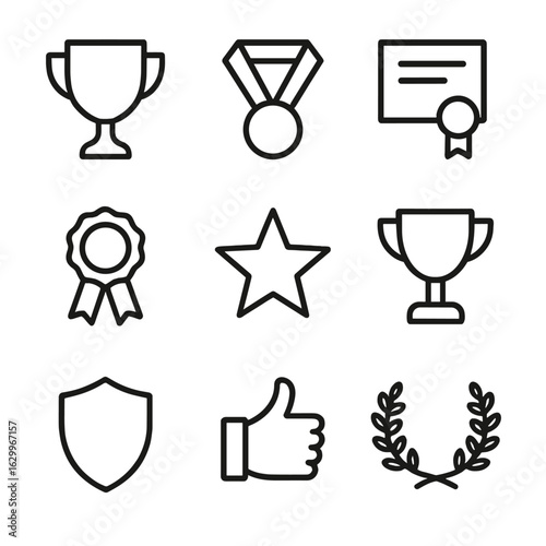 Achievement Badges Icons. Outline icon set of achievement badges: trophy, medal, certificate, ribbon, star, trophy cup, shield,