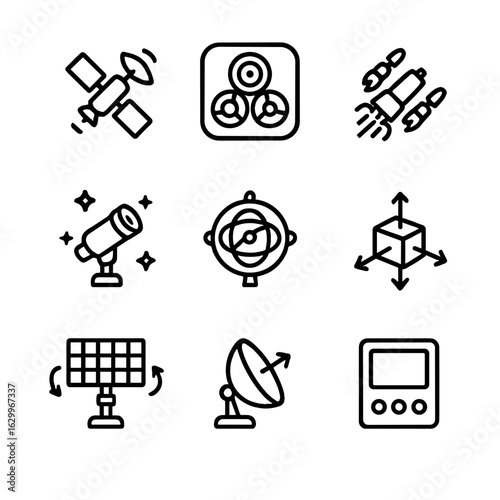 Aerospace Stabilization Icons. Outline icon set of stabilization in aerospace: satellite attitude control, reaction wheels,