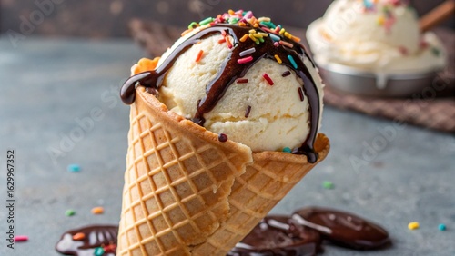 Vanilla Gelato with Chocolate Sauce and Sprinkles in Waffle Cone