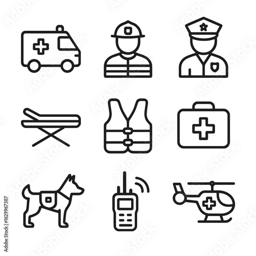 Aftermath Rescue Icons. Outline icon set of aftermath rescue: ambulance, firefighter, police officer, stretcher, life vest, first