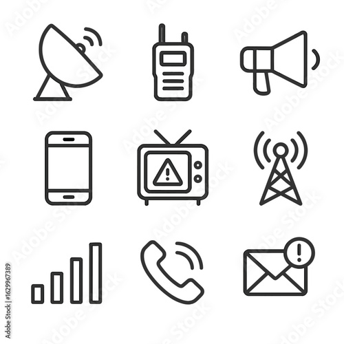 Aftermath Communication Icons. Outline icon set of aftermath communication: satellite dish, walkie-talkie, megaphone, mobile phone
