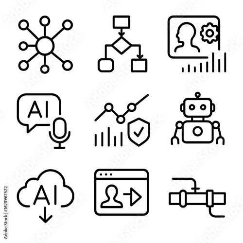 AI Icon Set. Outline icon set of AI and machine learning automation: neural network, algorithm, data training, AI assistant,
