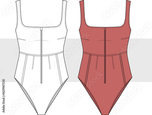 Sleeveless bodysuits technical fashion illustration. Bodysuits, swimwear, beachwear with zipper fashion technical drawing template, CAD mockup set.